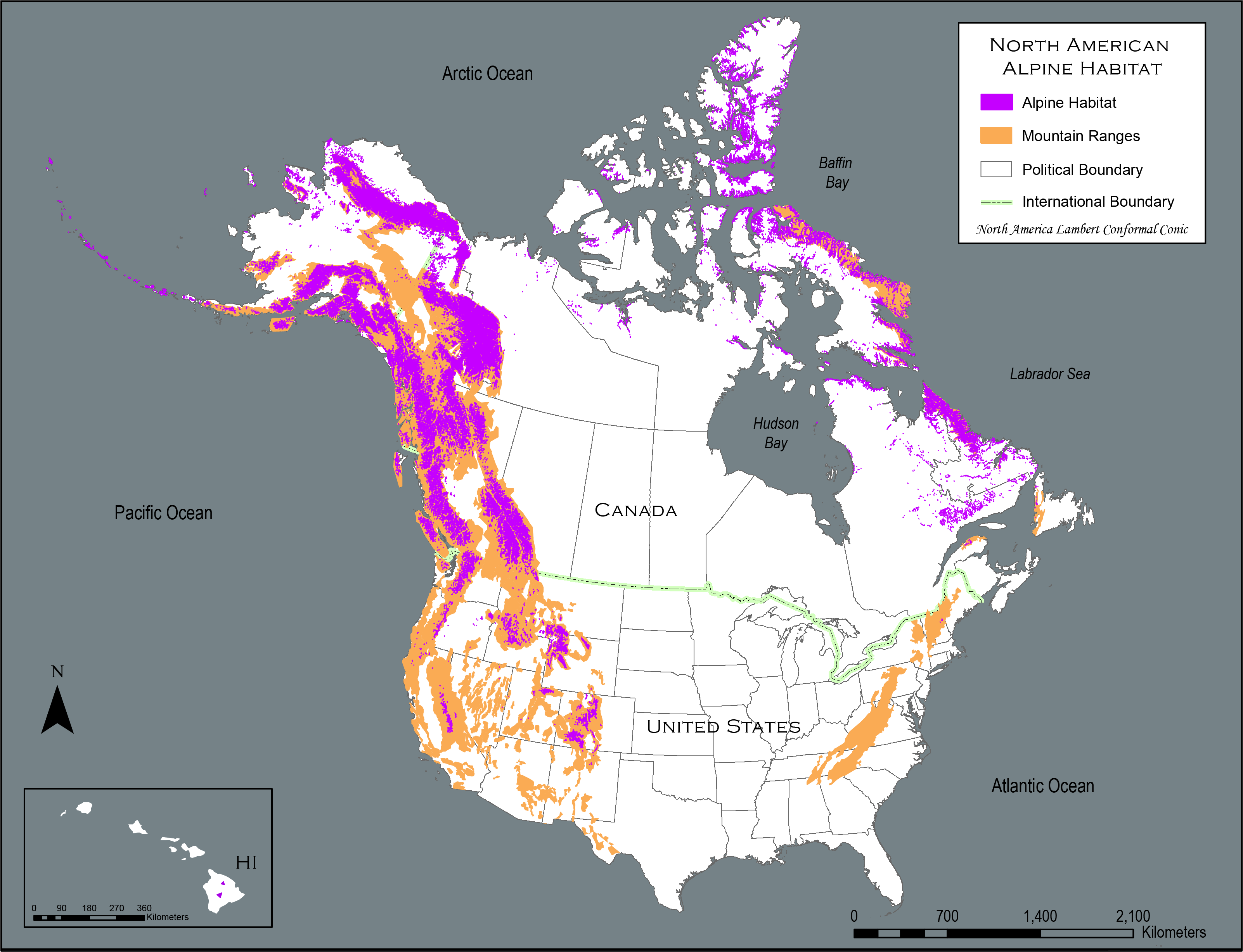 A colorful map highlighting North American Alpine Areas
