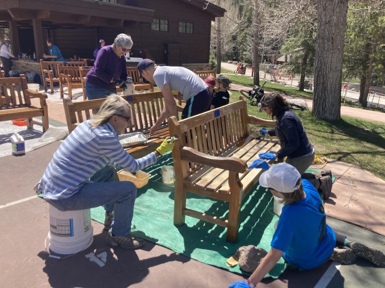 Volunteers Staining Benches in the Betty Ford Alpine Gardens